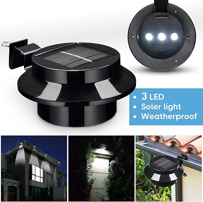 Yescom Solar Gutter Light Outdoor Waterproof 3 LED Deck Fence Lights with Bracket Wall Garden Stair Yard Black 6Pcs