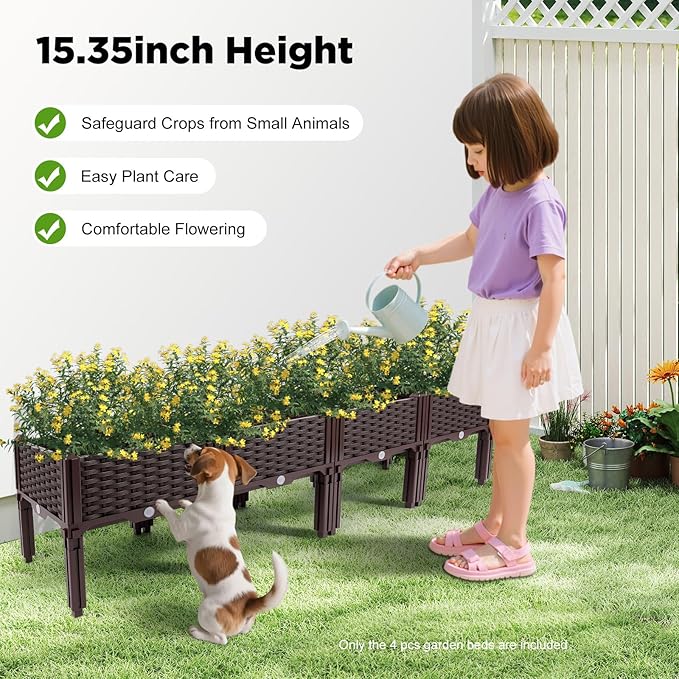 DYRABREST 4-Piece Raised Garden Bed Kit Large Vegetable Planter Boxes with Drainage Holes Elevated Garden Beds for Outdoor/Indoor Vegetables Herbs Flowers 61x15x15 Inches Brown