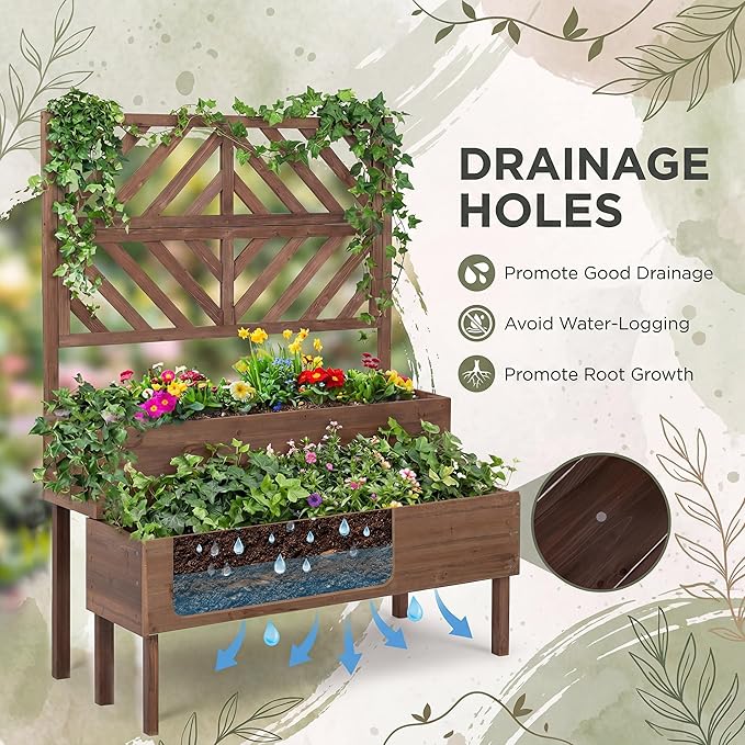 Giantex Raised Garden Bed with Trellis 2-Tier Standing Planter Box with Legs and Drain Holes Outdoor Elevated Garden Trellis for Vine Climbing Flower Vegetable Fruit Herb Growing Coffee Brown