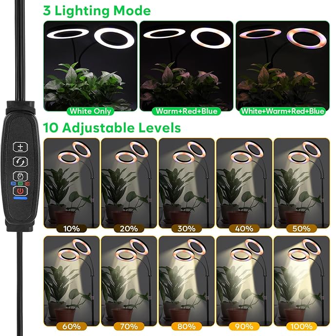 Dual-Head Grow Lights for Indoor Plants LED Full Spectrum Plant Lamp with Timer 3/9/12H 10 Dimmable Levels Flexible Gooseneck Height Adjustable 14-23 for House Plants &amp Seedlings
