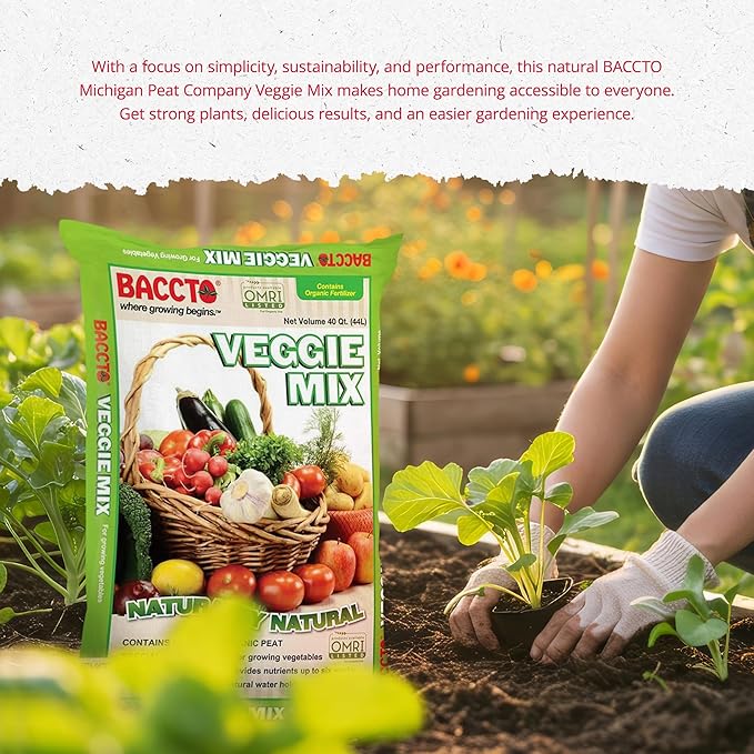 Michigan Peat Company BACCTO Veggie Mix with Peat Moss Indoor Outdoor Organic Nutrients for Planting &amp Growing Vegetables 40 Quart Bag