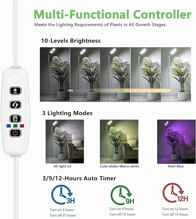 Grow Light for Indoor Plants Full Spectrum LED Halo Plant Lights with Stand Floor Standing Growing Lamp with Adjustable HeightAuto Timer for Tall Large Plant (20W-White)
