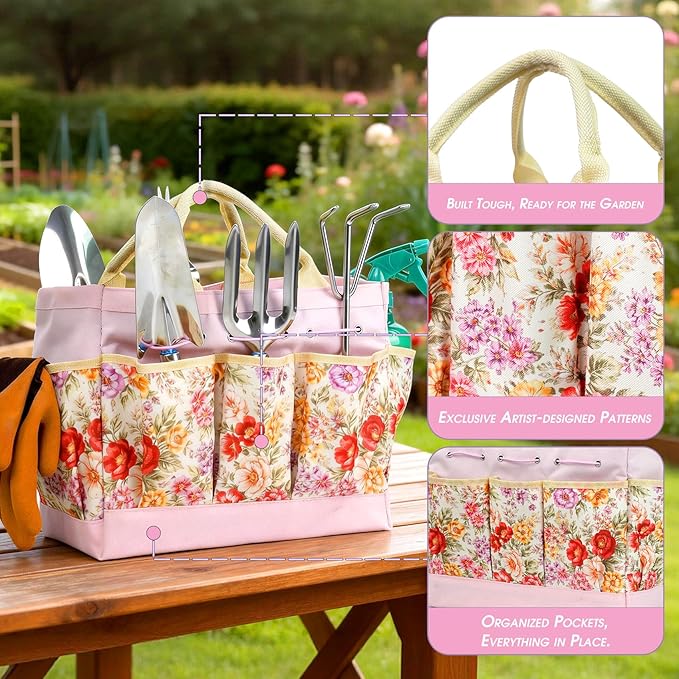 Garden Tool Set 10 PCS Gardening Essentials Stainless Steel Garden Hand Tools with Tote Bag Well-Designed Gardening Supplies Kit Gifts for Women Men Gardeners