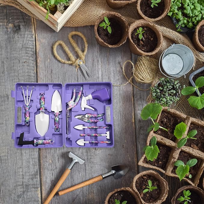 HARFINGTON 1 Set Garden Tool Set 10 Pieces Plastic Gardening Planting Tools Kits with Shovels Rake Scissor Trimmer Water Sprayer and Store Case Purple