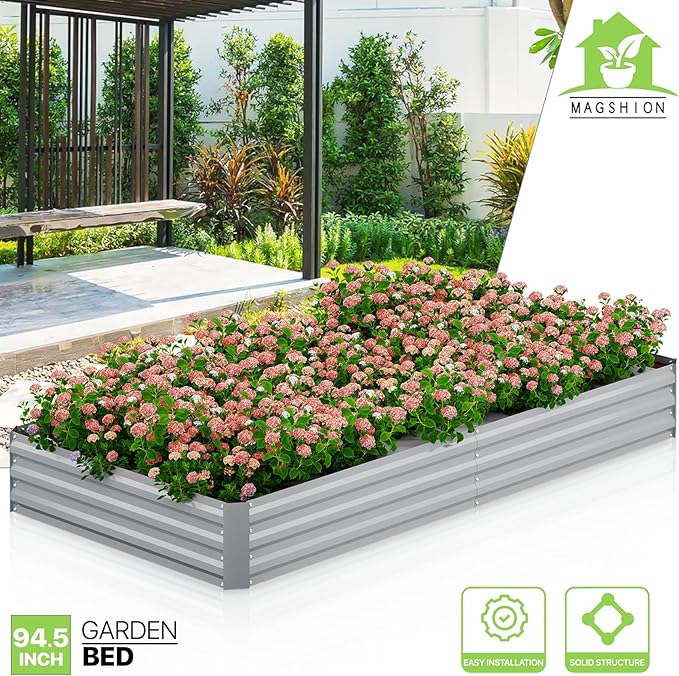 Magshion Raised Garden Bed 8 x 4 x 1 ft Galvanized Gardening Planter Box Open Bottom Design for Elevated Vegetables Flowers &amp Herbs Anti-Rust &amp Easy to Assemble Silver