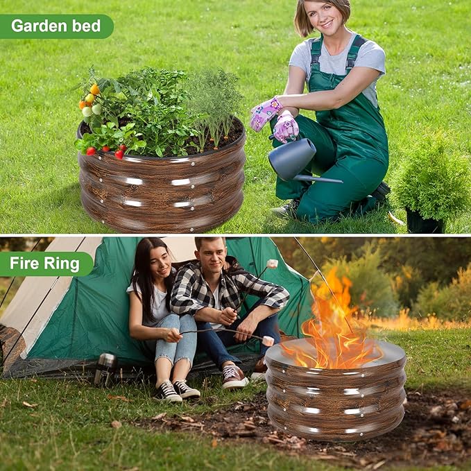 Galvanized Raised Garden Bed- 2Pcs Metal Planter Boxes Outdoor | 12 Tall 24 Round Steel Raised Bed Kit &amp Fire Pit Ring for Gardening with Protective Tape for Vegetables (Wood Grain)