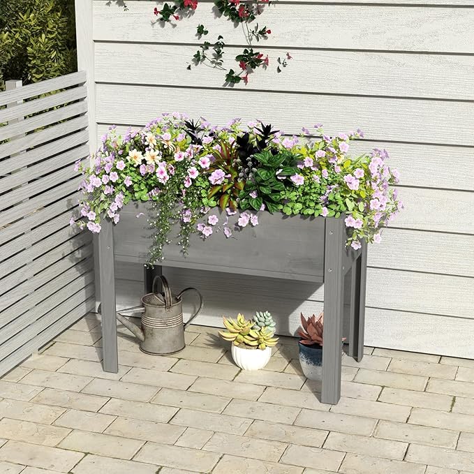 Donext 40 Inch Elevated Planter Box Solid Wood Standing Garden Bed with 4-Leg Design Brown Finish Raised Planter for Patio Balcony Gardening(Gray)