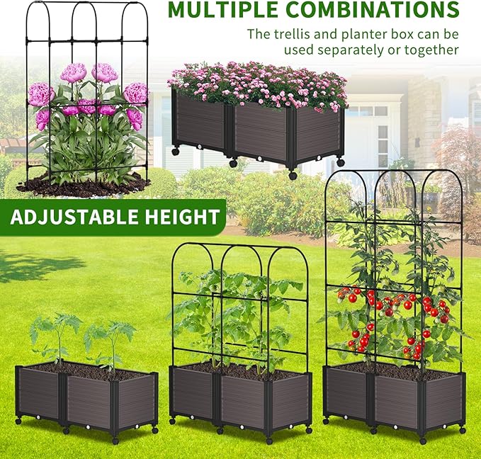 Raised Garden Bed Outdoor Planter Box with Trellis and Wheels Tomato Planter Cage with Trellis Indoor Outdoor Patio Self Watering Planters for Climbing Plants Vegetable Flowers