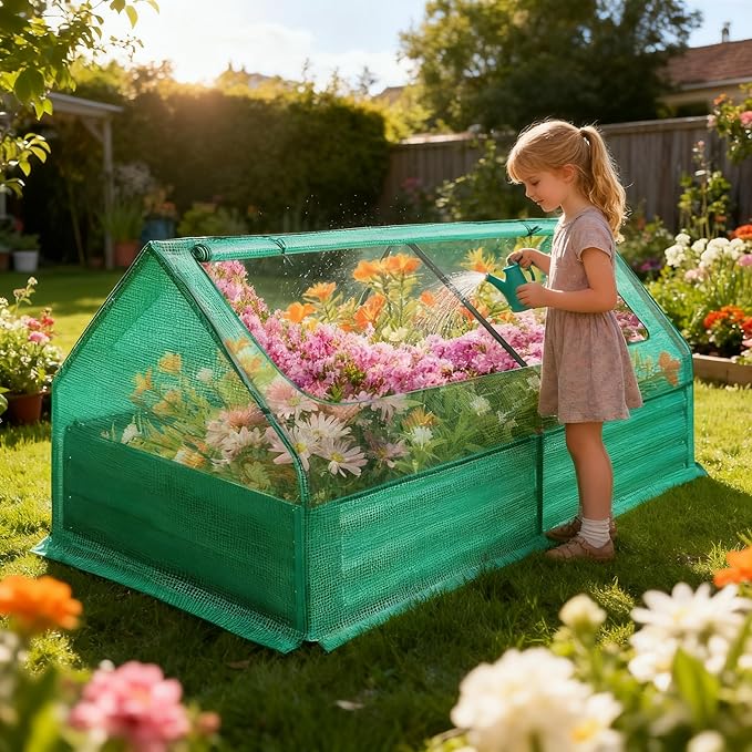 Galvanized Raised Garden Bed with Small Greenhouse for Outside 6x3x1ft High-Density PE Plant Cover with 2 Large Screen Windows Metal Planter Box for Vegetable Flower Herb Succulent