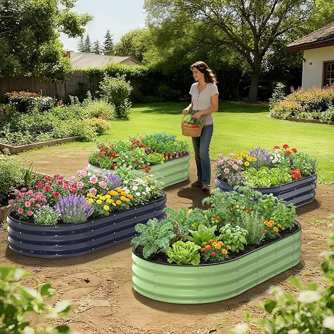Raised Garden Bed 6×3×1 FT Galvanized Raised Planter Box Oval Vegetable Planting Container with Safety Edge Trim Fruit Green for Backyard Fence Line Side Yard Family Gardening