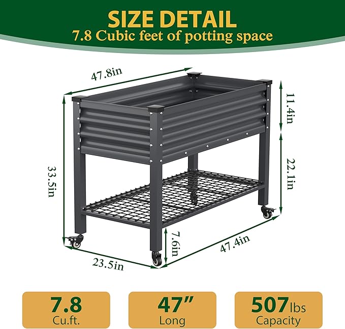 BlueWish 48 W x 24 D x 34 H Outdoor Galvanized Garden Bed Elevate Raised Bed with Detachable Black Liner Rolling Casters Storage Shelf Planter Boxes for Gardening Vegetable Flower Grey