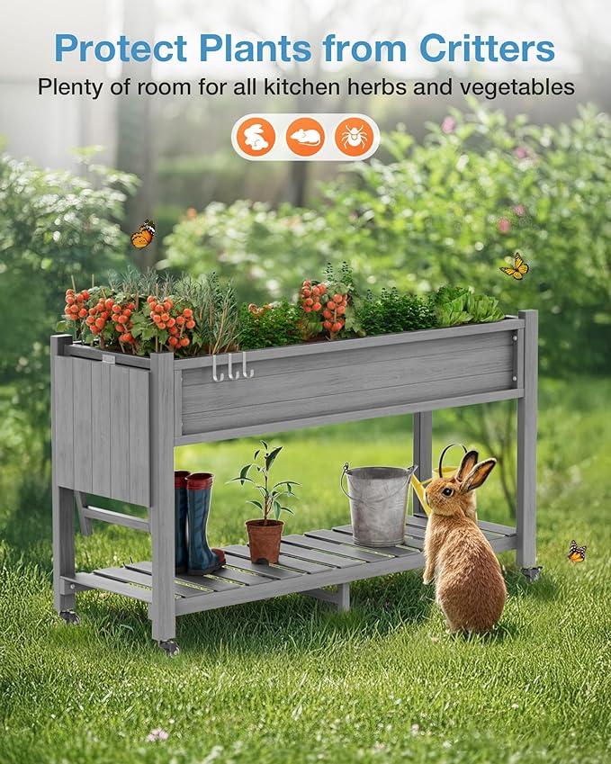 YEFU Raised Garden Bed with Legs: 57x18x30in Elevated Poly Planter with WheelsWaterproof Mobile Raised Bed Garden Elevated Planter Box Stand with Storage Shelffor DeckPatioPorchYard (Grey2pcs)