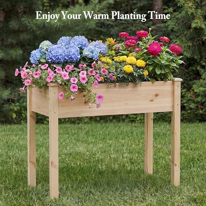 DUMOS Raised Garden Bed with Legs 34x18x30 Inch Planter Box Outdoor with Liner for Herbs Flowers Vegetables Elevated Wooden Garden Bed for Patio Balcony and Backyard Natural Wood