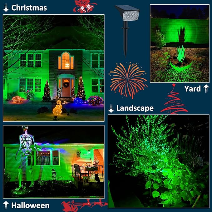 T-SUNUS Halloween Solar Lights Outdoor Green LED Landscape Spotlight Red Christmas IP65 Waterproof for Flag Tree Garden Yard Patio