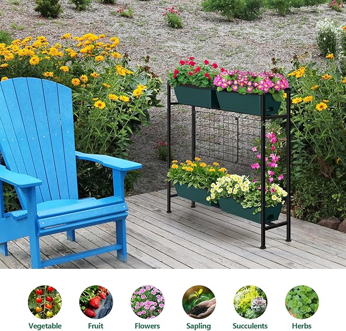 Raised Garden Beds 32.4 Tall Vertical Planter Boxes with Trellis Standing Herb Garden Planter Outdoor with Metal Fences Legs for Small Climbing Plant Gardening Vegetables Patio Balcony Porch Green