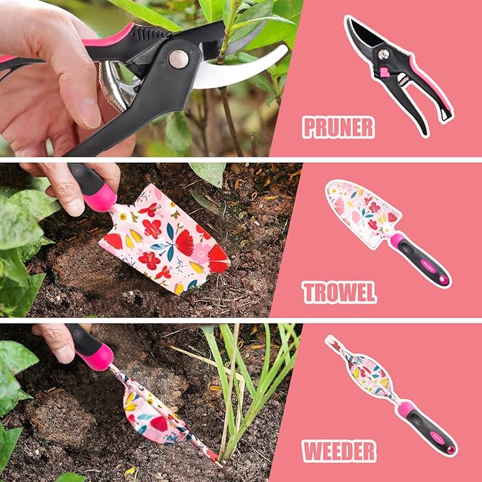 Monika 20-Piece Gardening Tool Set for Women Heavy Duty Rust-Proof Stainless Steel with Pink Floral Carry Bag Includes Trowel Transplanter Cultivator Pruner Ideal Gift for Garden Lovers
