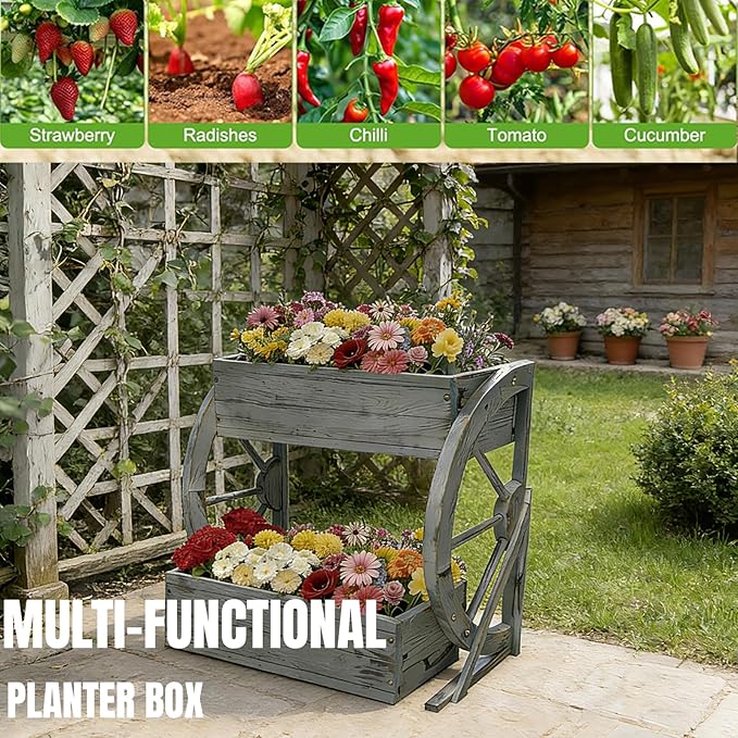 Wooden Wagon Garden Planter Box with Wheels-Indoor/Outdoor Decor for Patio Backyard Balcony-Country Farmhouse Flower Box-2 Tier Rustic Garden Raised Bed for Flowers Herbs Vegetables