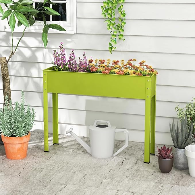 HAPPYGRILL Raised Garden Bed 31.5” Elevated Planter Box w/Legs Drainage Hole Hemming Design Metal Garden Box for Vegetable Herb Outdoor Raised Beds for Gardening Backyard Porch Balcony Green