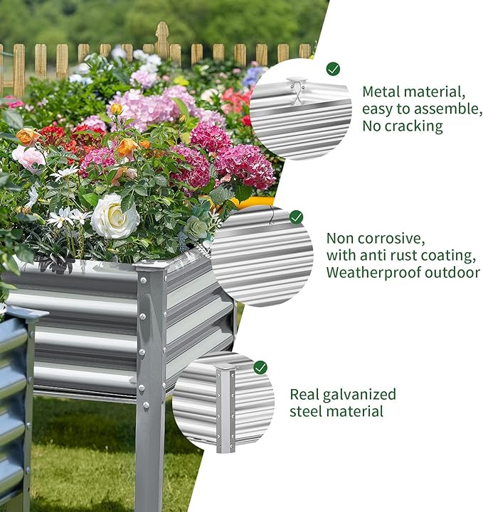 Land Guard Galvanized Raised Garden Bed with Legs 96×24×32in Raised Garden Beds Outdoor with Drainage Holes Planter Boxes Outdoor for Backyard Patio Balcony 1200lb Capacity Silver