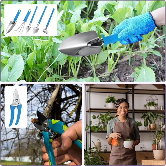 HARFINGTON 1 Set Garden Tool Set 10 Pieces Plastic Gardening Planting Tools Kits with Shovels Rake Scissor Trimmer Water Sprayer and Store Case Blue