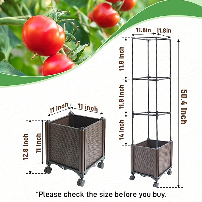 Raised Garden Bed with Tomato Planter Cage50.4 Self Watering Tomato Planter with Plastic Coating Steel Pipe for Climbing Vine Flowers Outdoor Tomatoes Cage with Trellis Wheels 1Pack