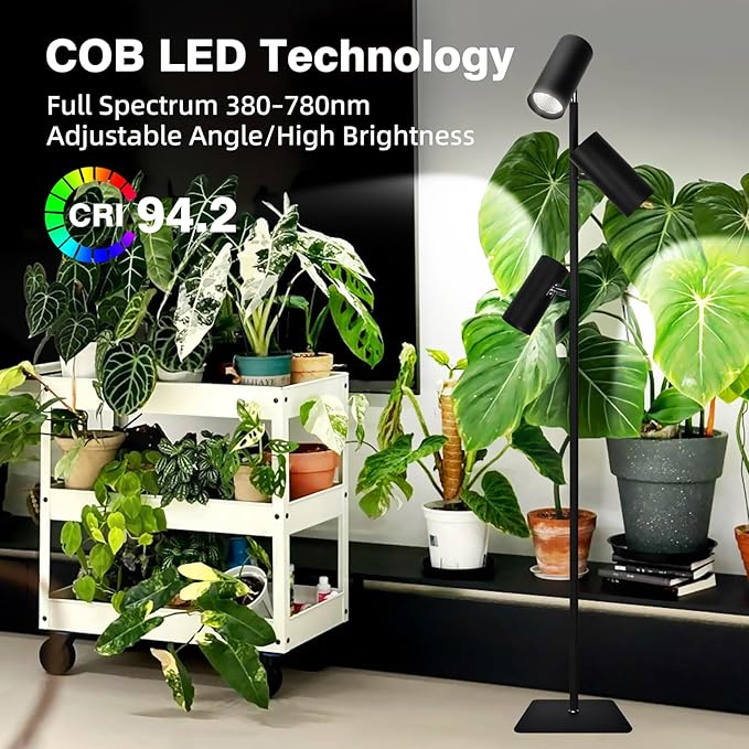 90W Dimmable Grow Light Full Spectrum COB LED Triple-Head Floor Lamp with High CRI 6/8/12H Timer Adjustable Height (43-83) &amp Angle – Standing Grow Lights for Indoor Plants (daylight 6000K)