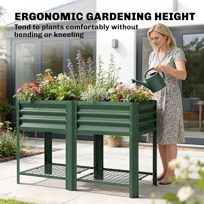 Outsunny Galvanized Steel Raised Garden Bed with Storage Shelf and Bed Liner Elevated Planter Box with Legs for Flowers Vegetables and Herbs for Outdoor Patio Yard Glove Included Green