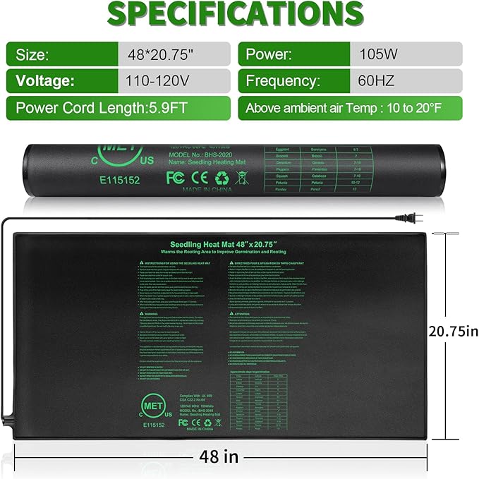 Seedling Heat Mat 48x20.75 UL &amp MET-Certified Waterproof Plant Heating Pad for Germination Hydroponics Brewing Breeding and Greenhouses