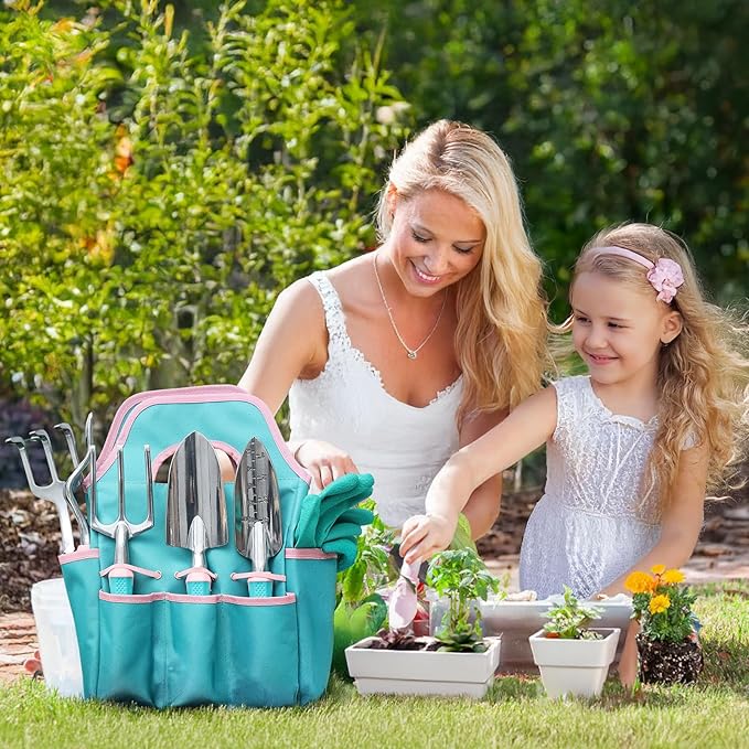 MelonArt Garden Tool Set8 Pcs Gardening Hand Tool Starter Kit for Women Heavy Duty Outdoor Tool Kit Aluminum Alloy with Non Slip Ergonomic Handle Ideal Gifts for Women and Men Green&ampPink