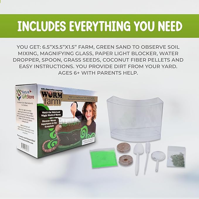 Worm Farm for Kids Shipped with Live Worms - Observation Kit with Ecosystem Soil Mixing Sand Magnifying Glass &amp More from Nature Gift Store