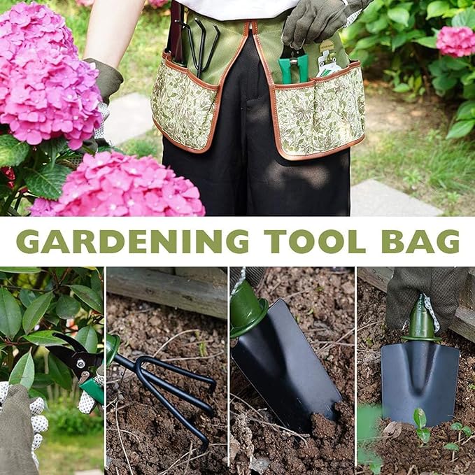 Garden Tool Set 8 Pcs Stainless Steel Heavy Duty Metal Gardener Gardening Hand Tool Set with Belt Bag Includes 8 Small Pockets Outdoor Heavy Duty Gardening Work Set with Ergonomic Handle
