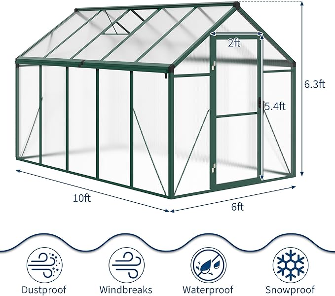 6x10 FT Greenhouse Greenhouses for Outside Polycarbonate Greenhouse with Aluminum Frame Lockable Door and Ajustable Roof Vent for Backyard Green Houses for Outside Garden Backyard Patio
