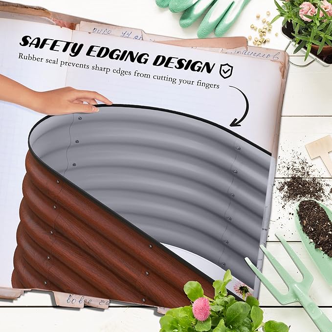 6.5' x 2' x 1.4' Galvanized Raised Garden Bed Kit Outdoor Metal Planter Box with Safety Edging Easy DIY Stock Tank for Growing Flowers Herbs &amp Vegetables - Brown