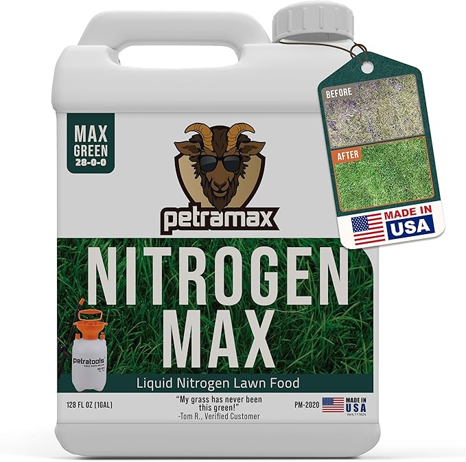 Petramax Liquid Nitrogen Fertilizer 28-0-0 NPK - 1 Gallon Spring &amp Summer Liquid Grass Fertilizer for Lawn Spray on Easy to Apply for Deep Green Lawn Care - Slow Release High Nitrogen Turf Builde
