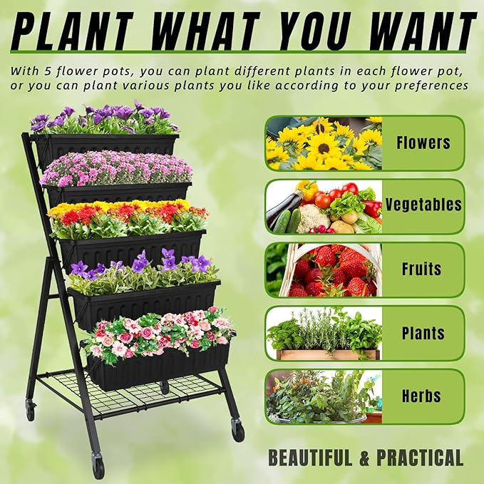 Homdox 4FT Vertical Garden Bed 5 Tiers Vertical Raised Garden Planter 25.6 * 26 * 48Inch Garden Raised Bed with 4 Hooks &amp 4 Wheels Vegetable Flower Planter Raised Stand Black with Storage Rack