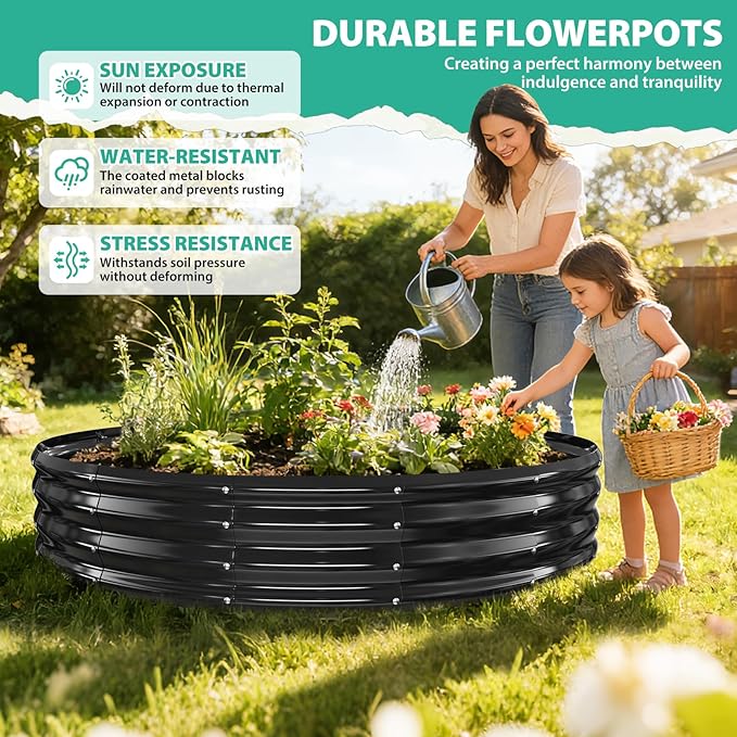 6FT Diameter Galvanized Garden Raised Bed/Plant Box/Fire Pit Ring-0.8mm Thick12 Inch TallCrimped Edge and CornerNo SharpePerfect for Plantings (Black 72 Dia X 12 inches)