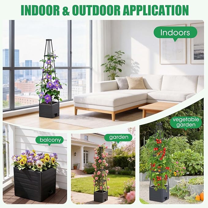 4 Pack Raised Garden Bed Planter Box with Trellis 57 Self-Watering Tomato Cage Planters for Climbing Plants Vegetable Vine Flowers Outdoor &amp Indoor (57x9.8x9.8IN)