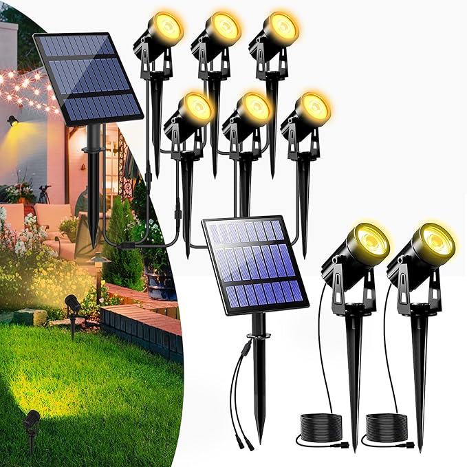 T-SUNUS Solar Spot Lights for Outdoor Warm White 3000K Landscape Spotlight IP65 Waterproof Separated Panel Uplights with 9.8ft Cable Auto On/Off for Tree Yard Lawn House Driveway Pathway Pool