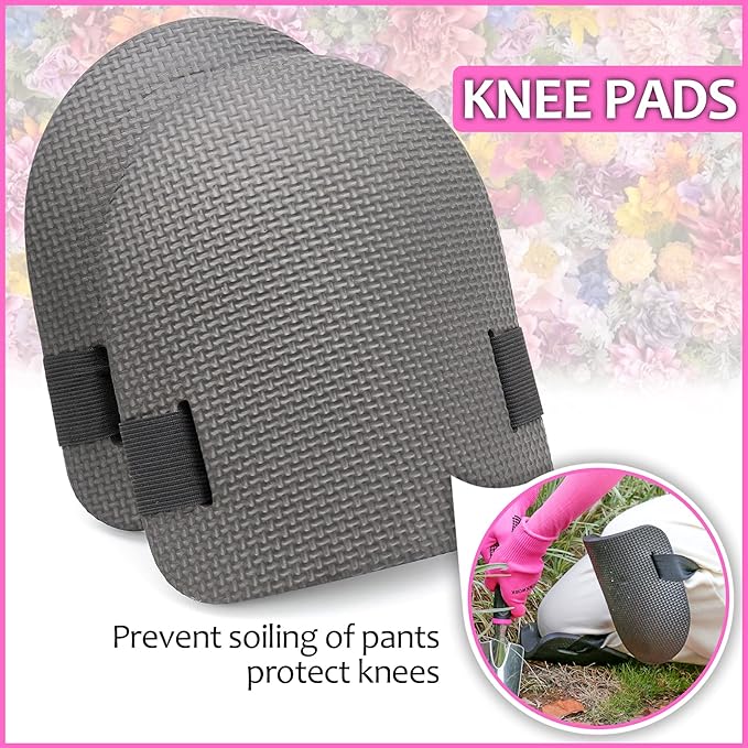 THINKWORK Pink Garden Tools Gardening Gifts for Women with 2 in 1 Detachable Storage Bag Trowel Transplanter Rake Weeder Cultivator Purning Shears and 3 Additional Protection Tools