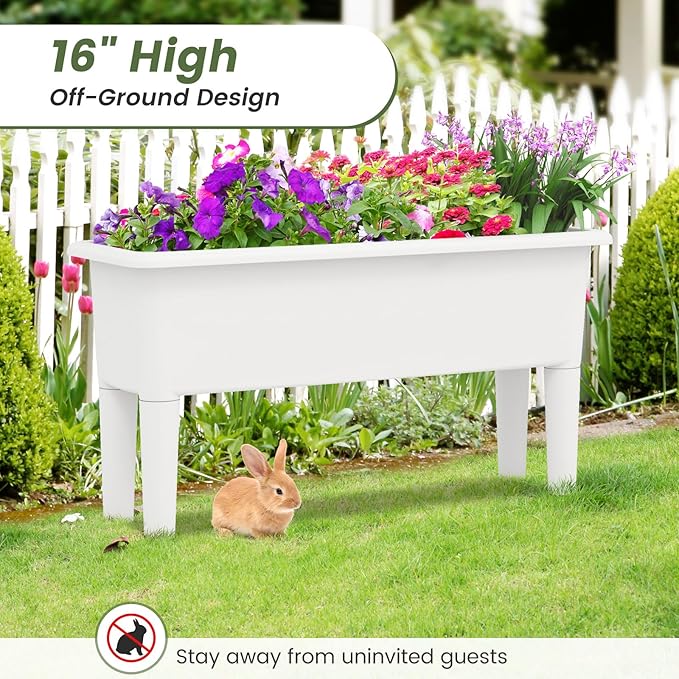 Giantex Raised Garden Beds Outdoor Set of 2 Self-Watering Planter Box with Detachable Legs &amp Drainage Hole Outdoor Raised Container for Vegetable Fruit Herbs 31.5”Lx12”Wx16”H Easy Assembly (Wh