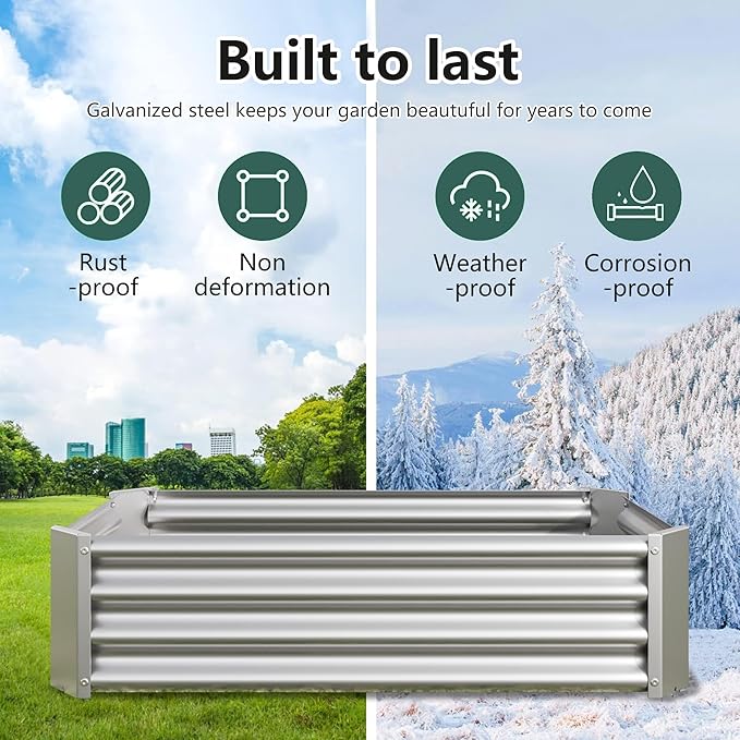 Raised Garden Beds Outdoor for Gardening 4×2×1ft Galvanized Rectangular Plastic Raised Planter Garden Box for Fruit Vegetables Herbs Flowers Growing Bed for Lawn Patio Balcony Silver