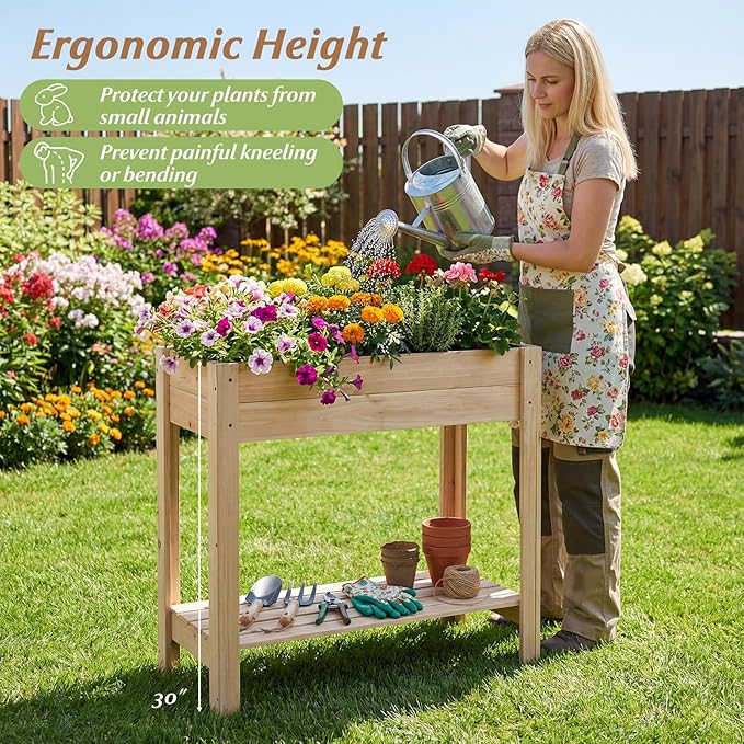 Giantex Wood Raised Garden Bed w/Lower Shelf Planter Box with Legs for Flower Herb Vegetable Fruit Indoor Outdoor Elevated Raised Beds for Gardening Backyard Patio Balcony