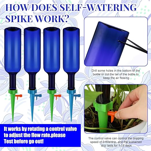 Plant Watering Devices with Self Watering Spikes and 26 oz Plastic Bottles Plant Waterer Devices with Adjustable Control Valve Switch Indoor Outdoor
