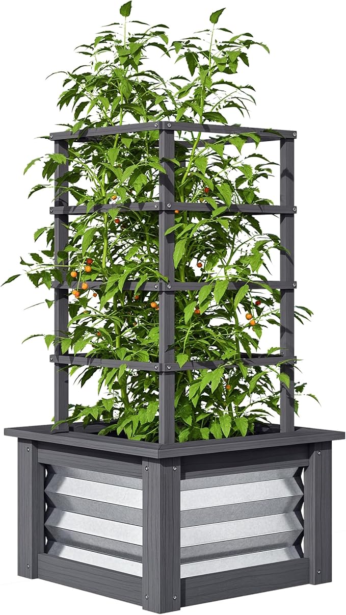 Outsunny Raised Garden Bed with Trellis Wooden Planter Box with Galvanized Steel Sides Raised Flower Bed for Climbing Plants Flowers Fruits and Vegetables Gray