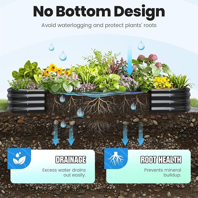 Quictent Galvanized Raised Garden Bed Kit 8x4x1 ft Oval Metal Planter Box for Vegetables Strengthened by Crossbar Dark Gray 2PCS