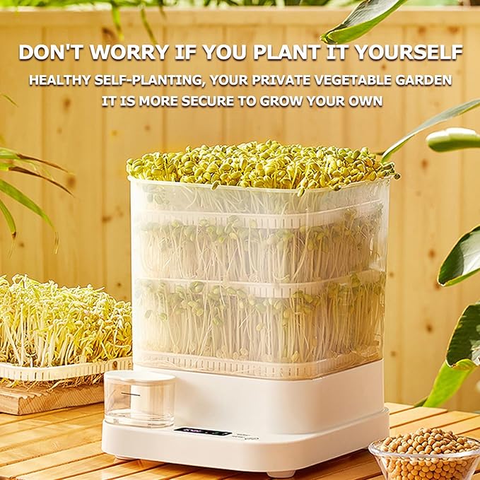 Bean Sprouts Machine 1.5L Automatic Smart Bean Cultivater 3 Layer Large Capacity Seed Sprouter Kits 360° Automatic Spray with Led Displa