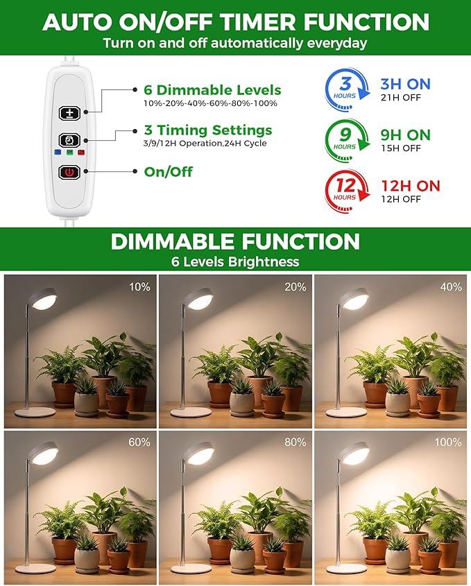 Plant Grow Light Full Spectrum Grow Lights LED Spotlight with Metal Base Desk Plant Growing Lamps with Auto On Off Timer 3/9/12H 6 Brightness Levels 9.8-25.6'' Adjustable Height