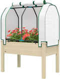 Raised Garden Bed with PE Greenhouse Cover for Outdoor Gardening - Warm Protective Cold Frame for Plants Flowers &amp Vegetables Solid Wood &amp Steel Frame Roll-Up Design (Natural Wood)