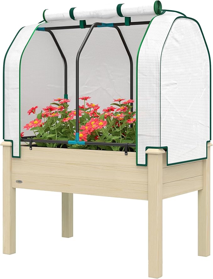 Raised Garden Bed with PE Greenhouse Cover for Outdoor Gardening - Warm Protective Cold Frame for Plants Flowers &amp Vegetables Solid Wood &amp Steel Frame Roll-Up Design (Natural Wood)