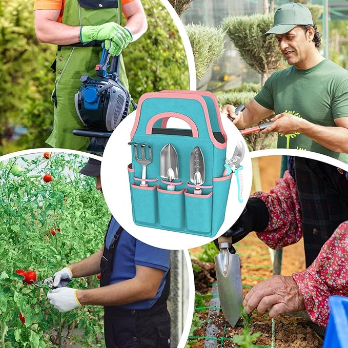 Garden Tool Set - Planting Gloves Trowel Rake Sturdy Hand Tools with Carry Tote Indoor Outdoor Lawn Backyard Patio Balcony Greenhouse Easy Gardening Kit for All Skill Levels